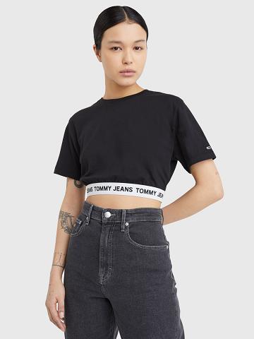 Női Tommy Hilfiger Cropped Logo Tape Póló Fekete | HU 437KOR